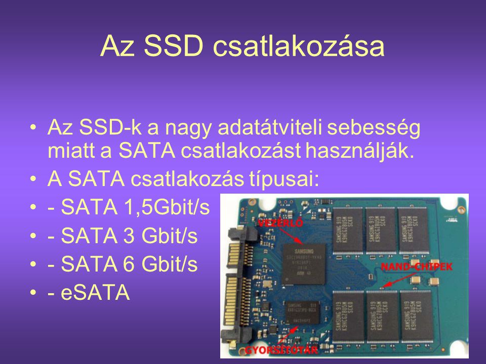 Az SSD csatlakozása Az SSD-k a nagy adatátviteli sebesség miatt a SATA csatlakozást használják. A SATA csatlakozás típusai: