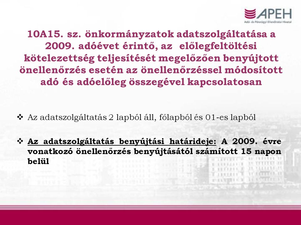 10A15. sz. önkormányzatok adatszolgáltatása a 2009