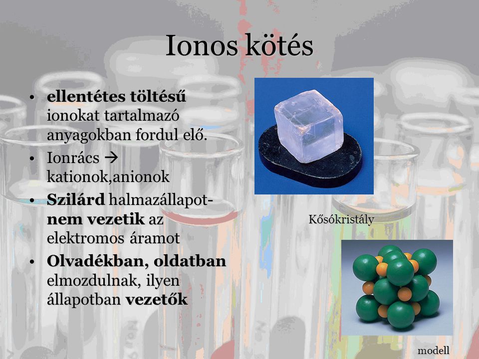 Ionos kötés ellentétes töltésű ionokat tartalmazó anyagokban fordul elő. Ionrács  kationok,anionok.