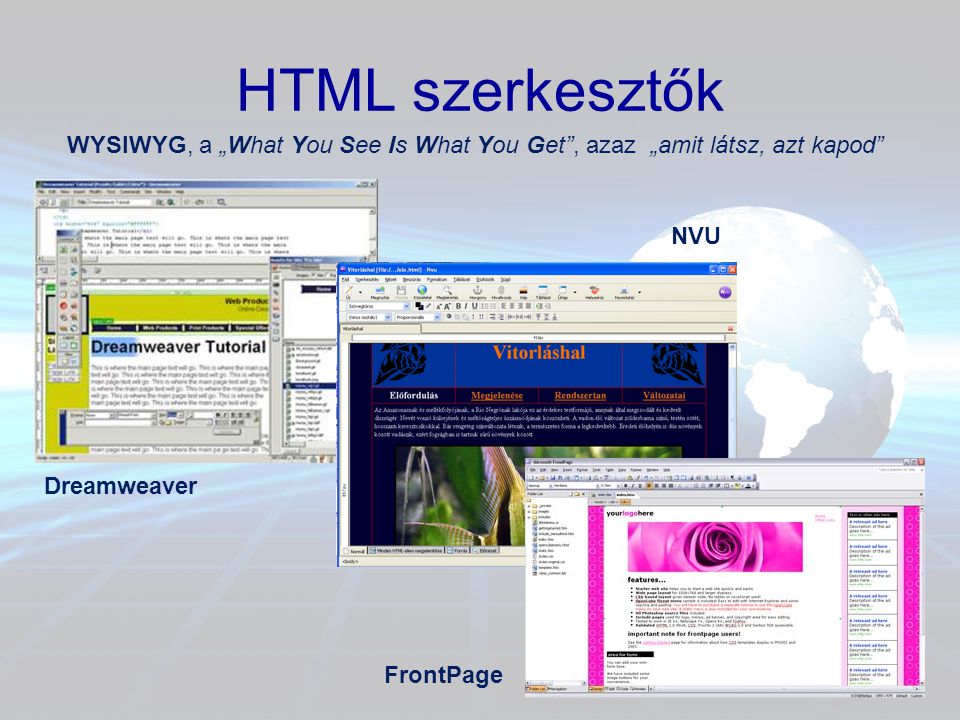HTML szerkesztők WYSIWYG, a „What You See Is What You Get , azaz „amit látsz, azt kapod NVU. Dreamweaver.