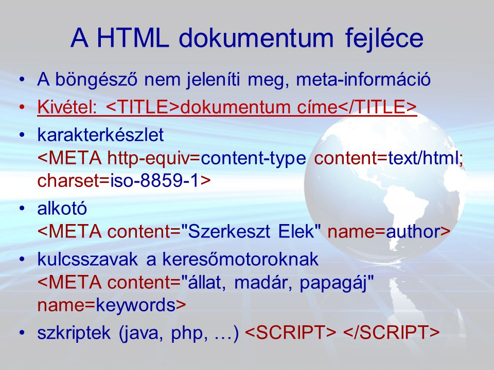 A HTML dokumentum fejléce