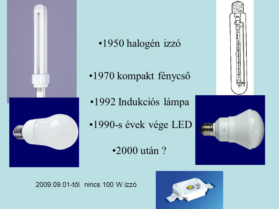 1950 halogén izzó 1970 kompakt fénycső 1992 Indukciós lámpa