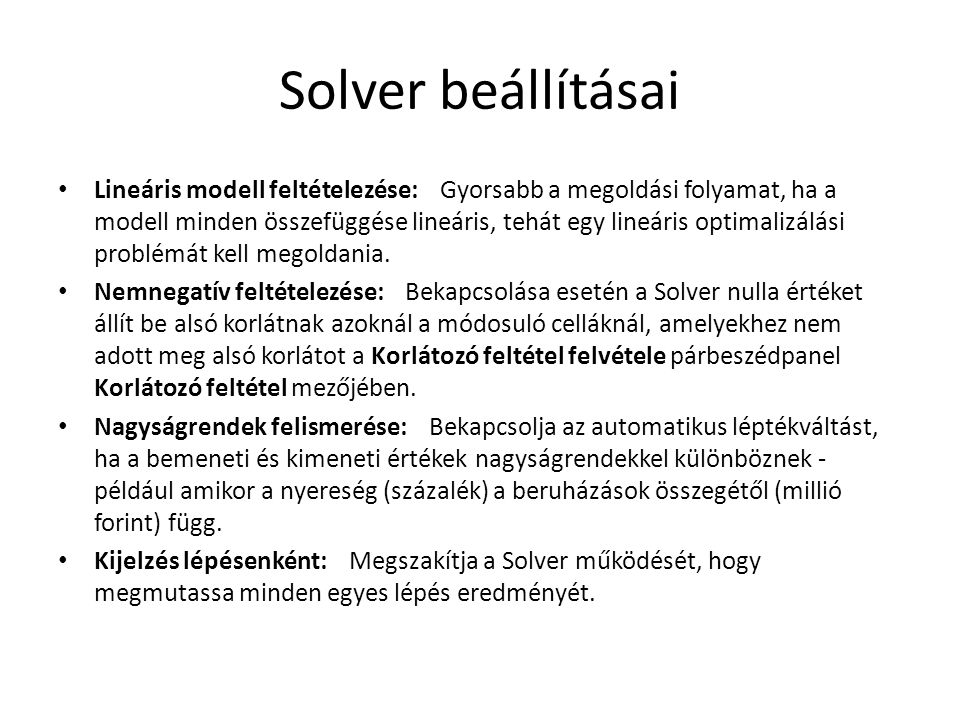 Solver beállításai