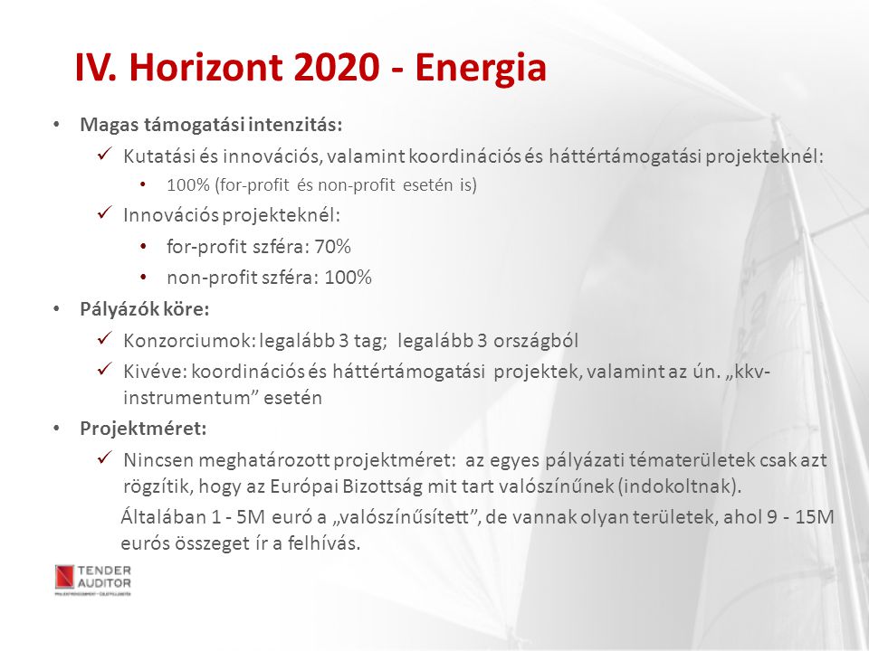 IV. Horizont Energia Magas támogatási intenzitás:
