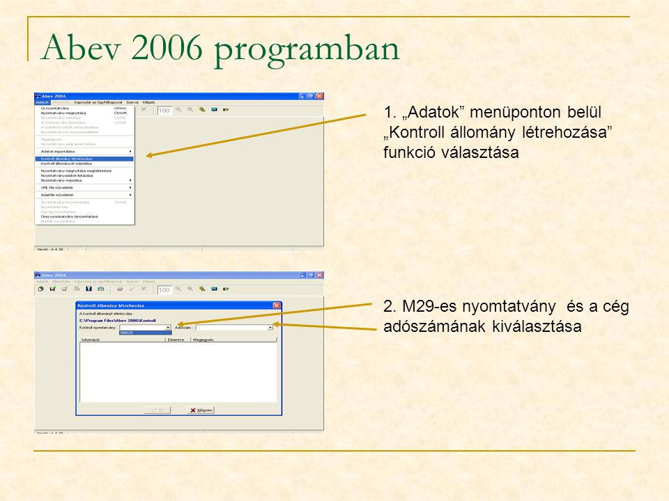 Abev 2006 programban 1. „Adatok menüponton belül „Kontroll állomány létrehozása funkció választása.