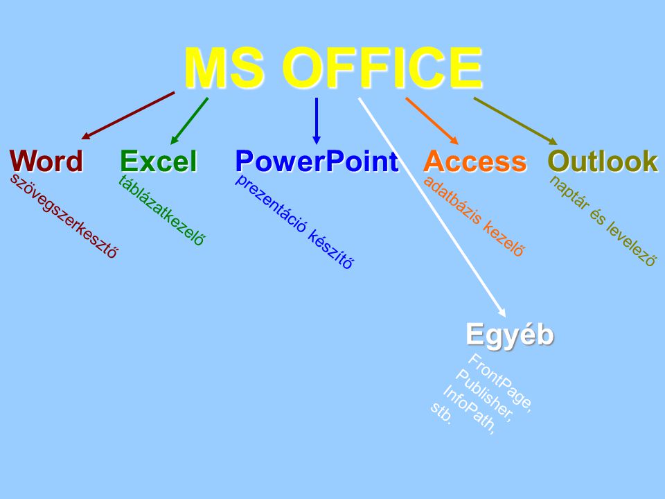 MS OFFICE Word Excel PowerPoint Access Outlook Egyéb táblázatkezelő