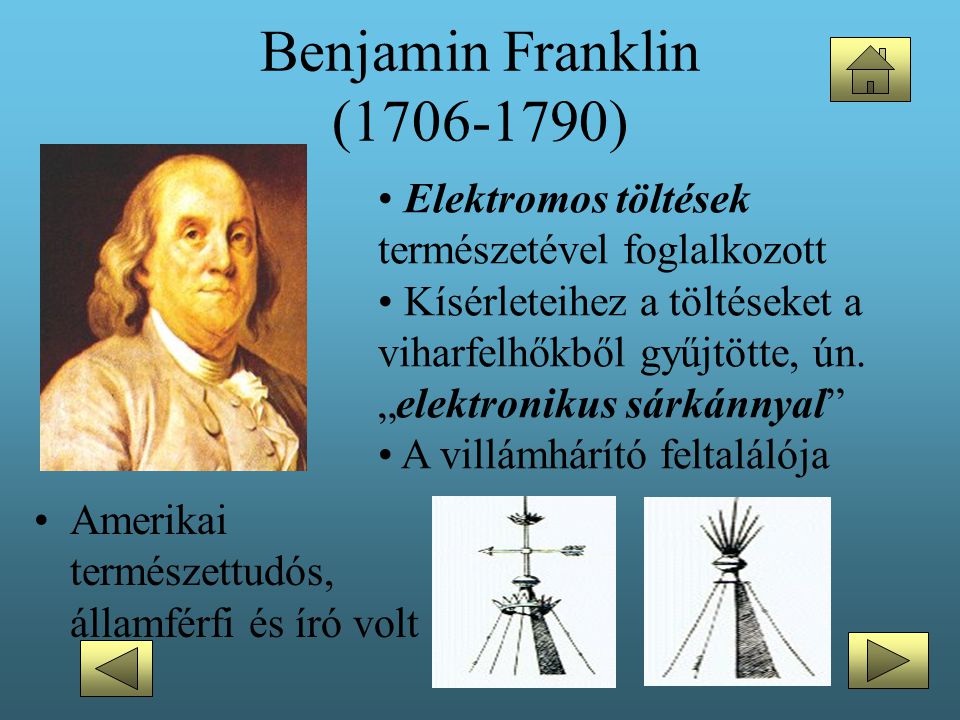 Benjamin Franklin ( ) Elektromos töltések természetével foglalkozott.