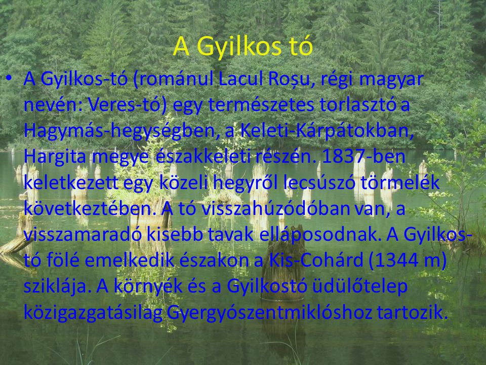 A Gyilkos-tó (románul Lacul Roșu, régi magyar nevén: Veres-tó) egy természetes torlasztó a Hagymás-hegységben, a Keleti-Kárpátokban, Hargita megye északkeleti részén ben keletkezett egy közeli hegyről lecsúszó törmelék következtében. A tó visszahúzódóban van, a visszamaradó kisebb tavak elláposodnak. A Gyilkos-tó fölé emelkedik északon a Kis-Cohárd (1344 m) sziklája. A környék és a Gyilkostó üdülőtelep közigazgatásilag Gyergyószentmiklóshoz tartozik.