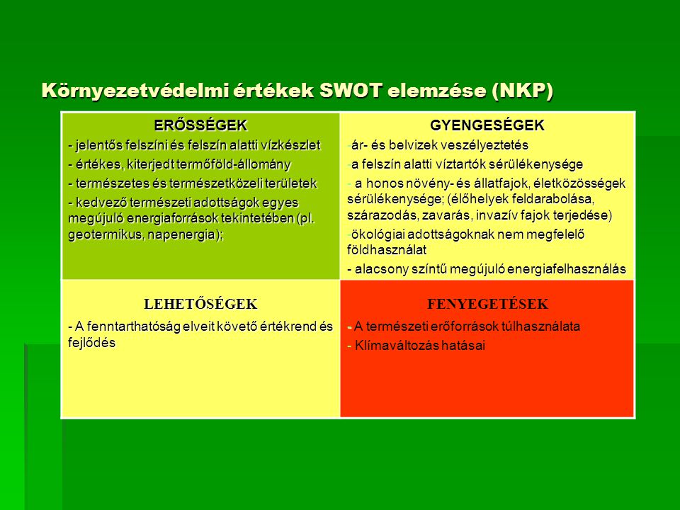 Környezetvédelmi értékek SWOT elemzése (NKP)