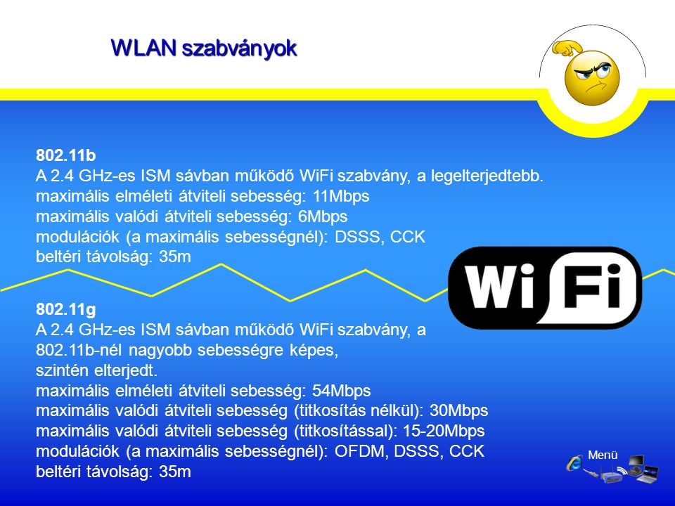 WLAN szabványok b. A 2.4 GHz-es ISM sávban működő WiFi szabvány, a legelterjedtebb. maximális elméleti átviteli sebesség: 11Mbps.