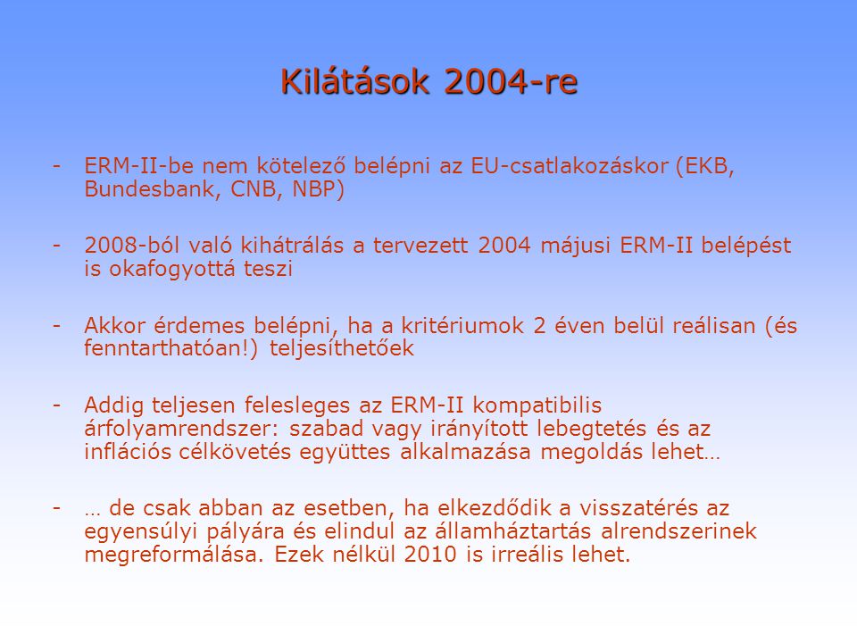 Kilátások 2004-re ERM-II-be nem kötelező belépni az EU-csatlakozáskor (EKB, Bundesbank, CNB, NBP)