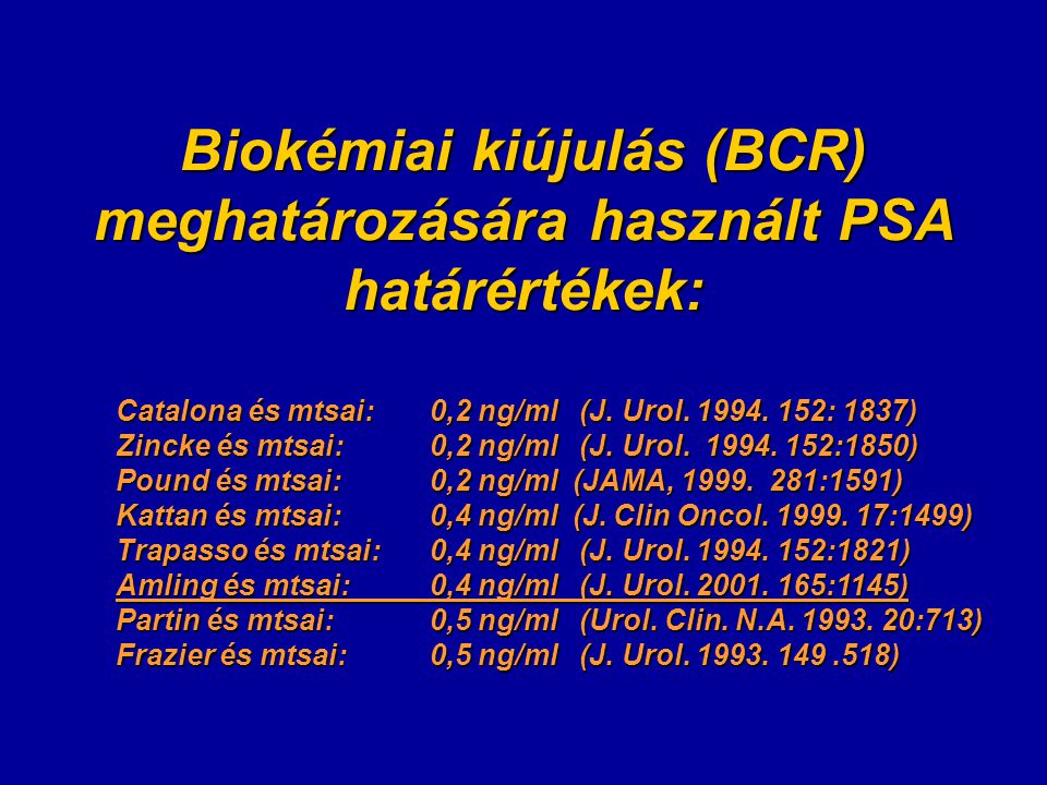 Biokémiai kiújulás (BCR) meghatározására használt PSA határértékek: