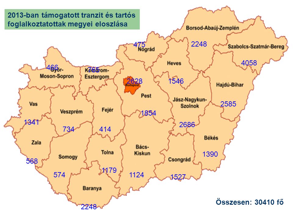 2013-ban támogatott tranzit és tartós foglalkoztatottak megyei eloszlása