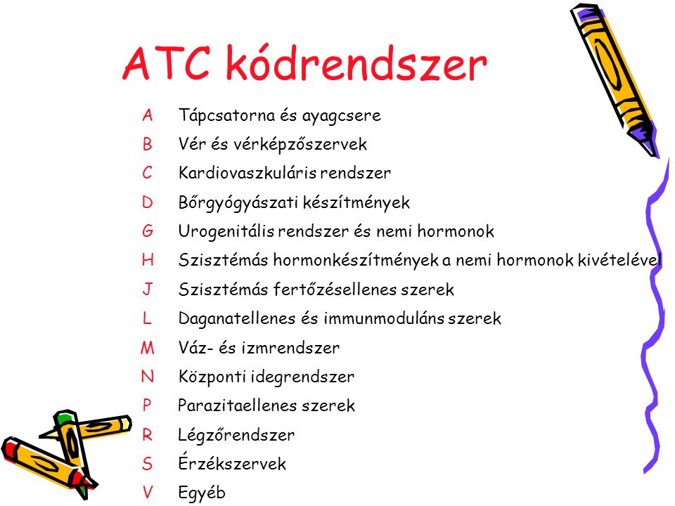 ATC kódrendszer A Tápcsatorna és ayagcsere B Vér és vérképzőszervek C
