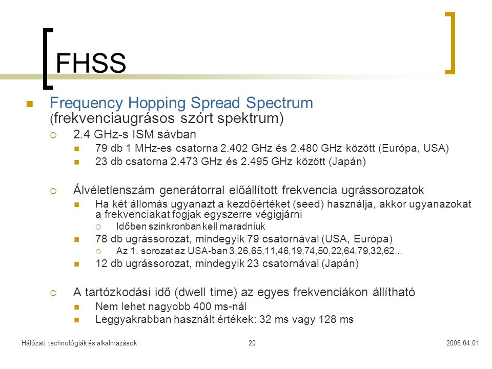 FHSS Frequency Hopping Spread Spectrum (frekvenciaugrásos szórt spektrum) 2.4 GHz-s ISM sávban.