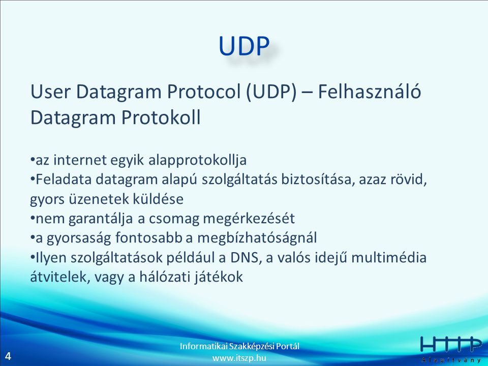 UDP User Datagram Protocol (UDP) – Felhasználó Datagram Protokoll