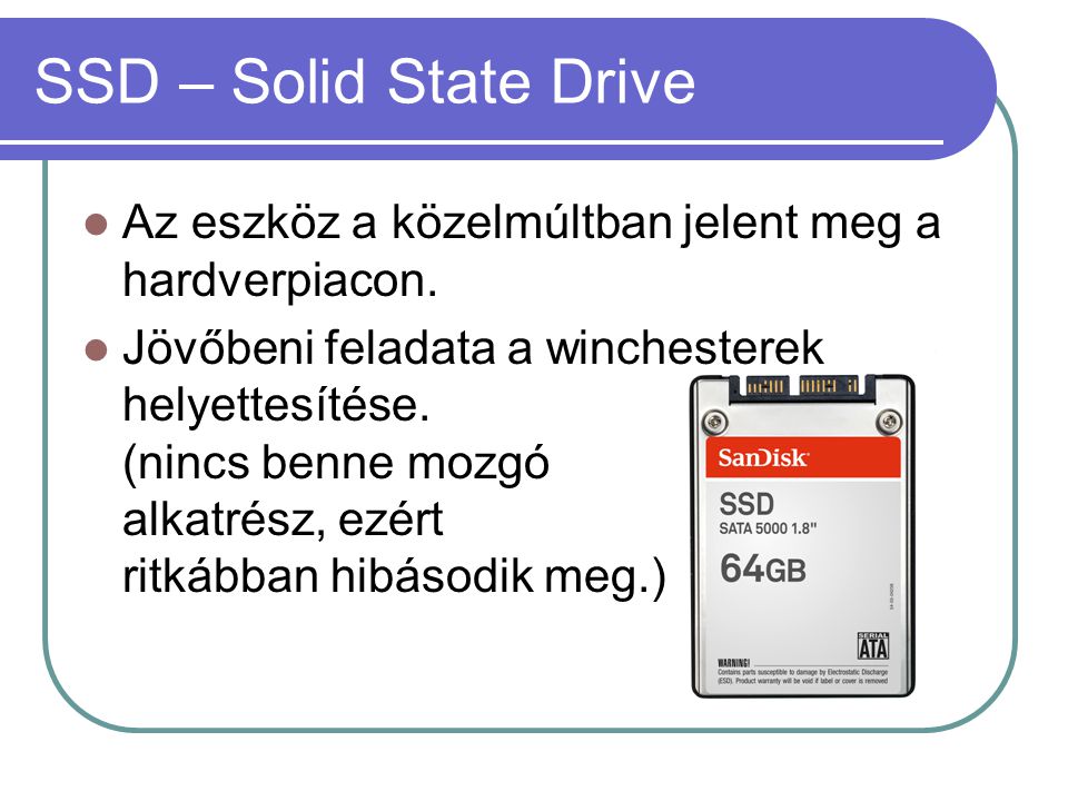 SSD – Solid State Drive Az eszköz a közelmúltban jelent meg a hardverpiacon.