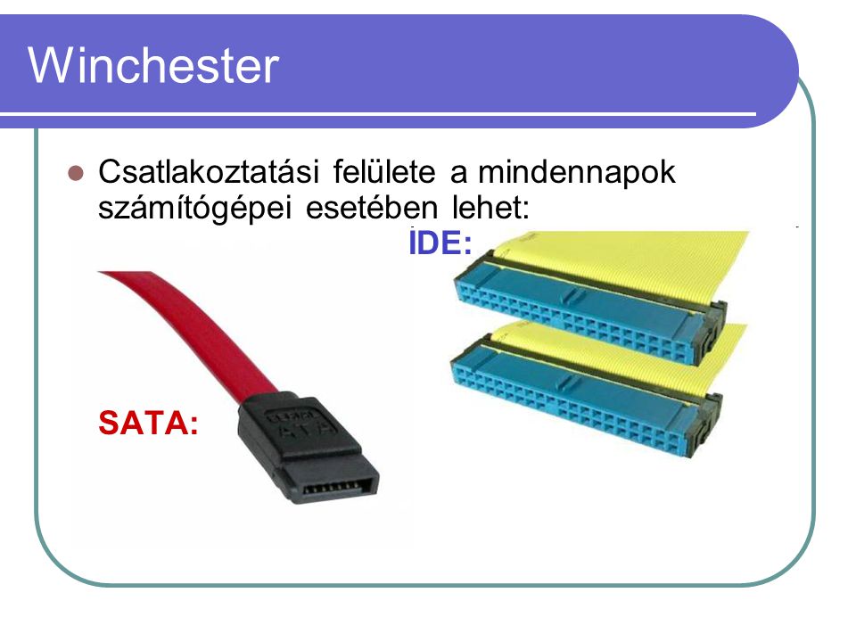 Winchester Csatlakoztatási felülete a mindennapok számítógépei esetében lehet: IDE: SATA: