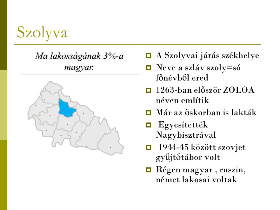 Szolyva Ma lakosságának 3%-a A Szolyvai járás székhelye magyar.
