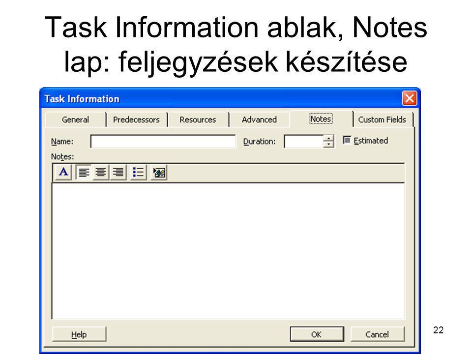 Task Information ablak, Notes lap: feljegyzések készítése