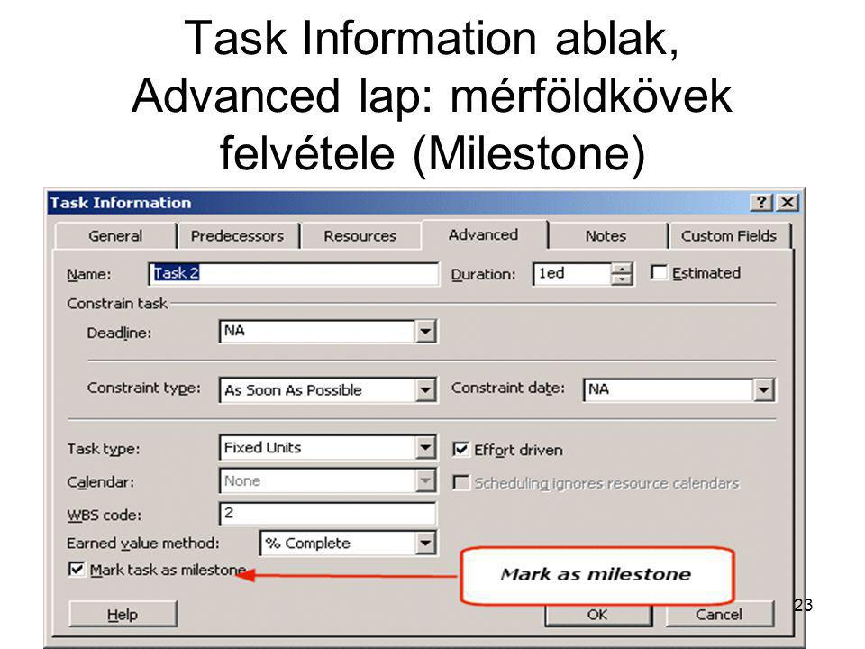 Task Information ablak, Advanced lap: mérföldkövek felvétele (Milestone)