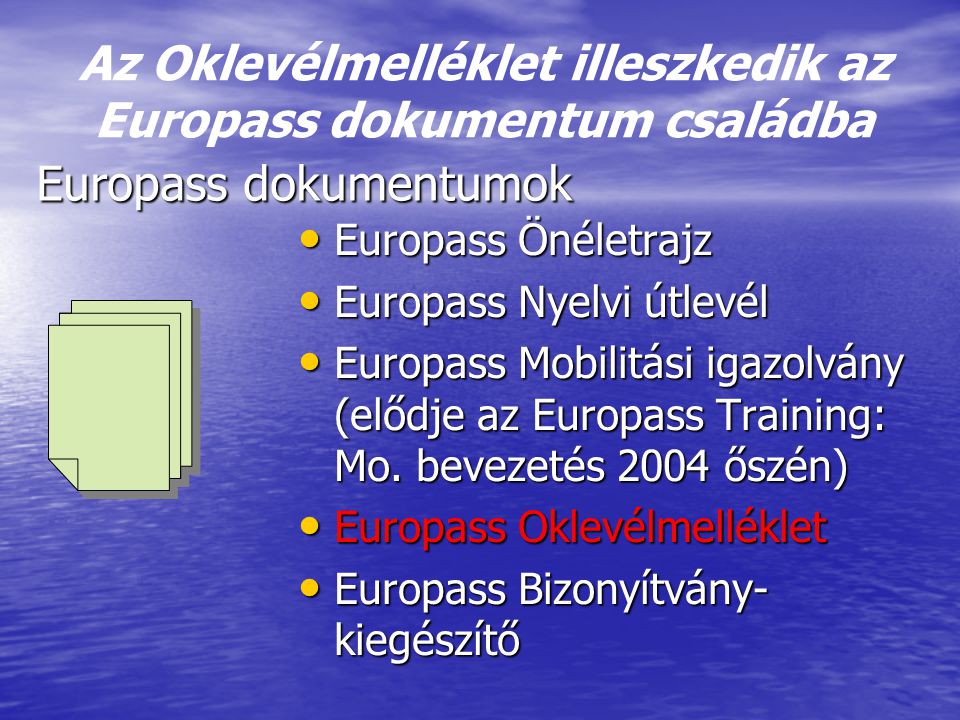 Az Oklevélmelléklet illeszkedik az Europass dokumentum családba