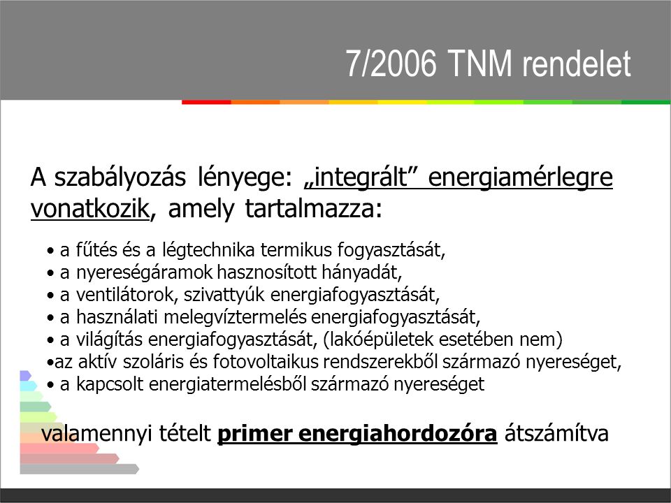 7/2006 TNM rendelet A szabályozás lényege: „integrált energiamérlegre vonatkozik, amely tartalmazza: