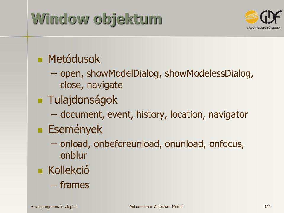 Window objektum Metódusok Tulajdonságok Események Kollekció