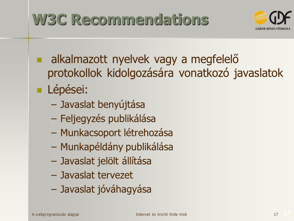W3C Recommendations alkalmazott nyelvek vagy a megfelelő protokollok kidolgozására vonatkozó javaslatok.