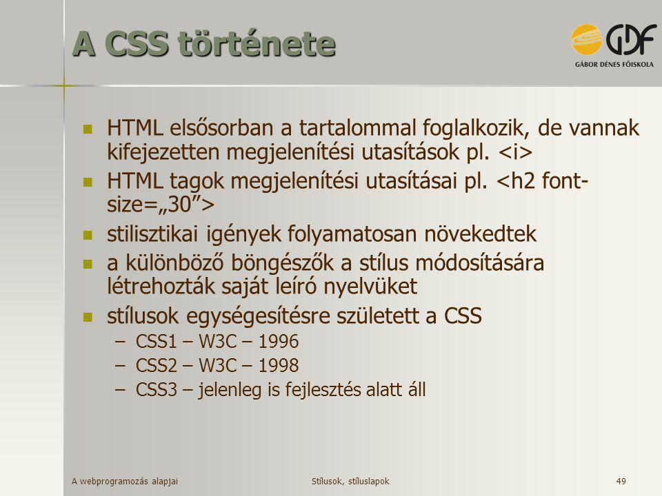 A CSS története HTML elsősorban a tartalommal foglalkozik, de vannak kifejezetten megjelenítési utasítások pl. <i>