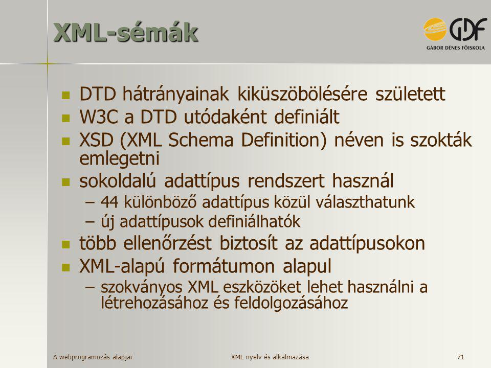 XML-sémák DTD hátrányainak kiküszöbölésére született