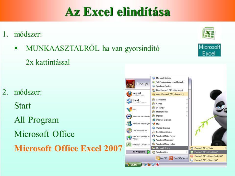 Az Excel elindítása Start All Program Microsoft Office
