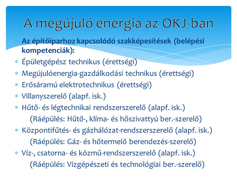 A megújuló energia az OKJ-ban