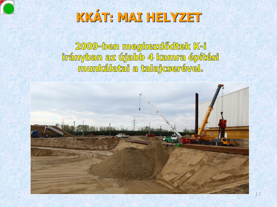 KKÁT: MAI HELYZET 2009-ben megkezdődtek K-i irányban az újabb 4 kamra építési munkálatai a talajcserével.
