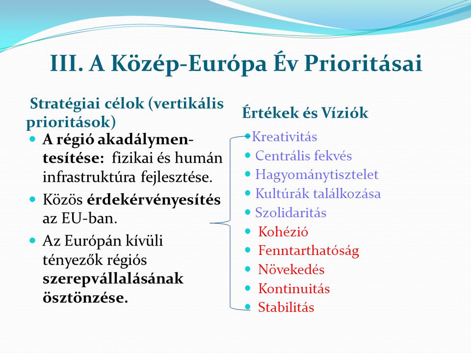 III. A Közép-Európa Év Prioritásai