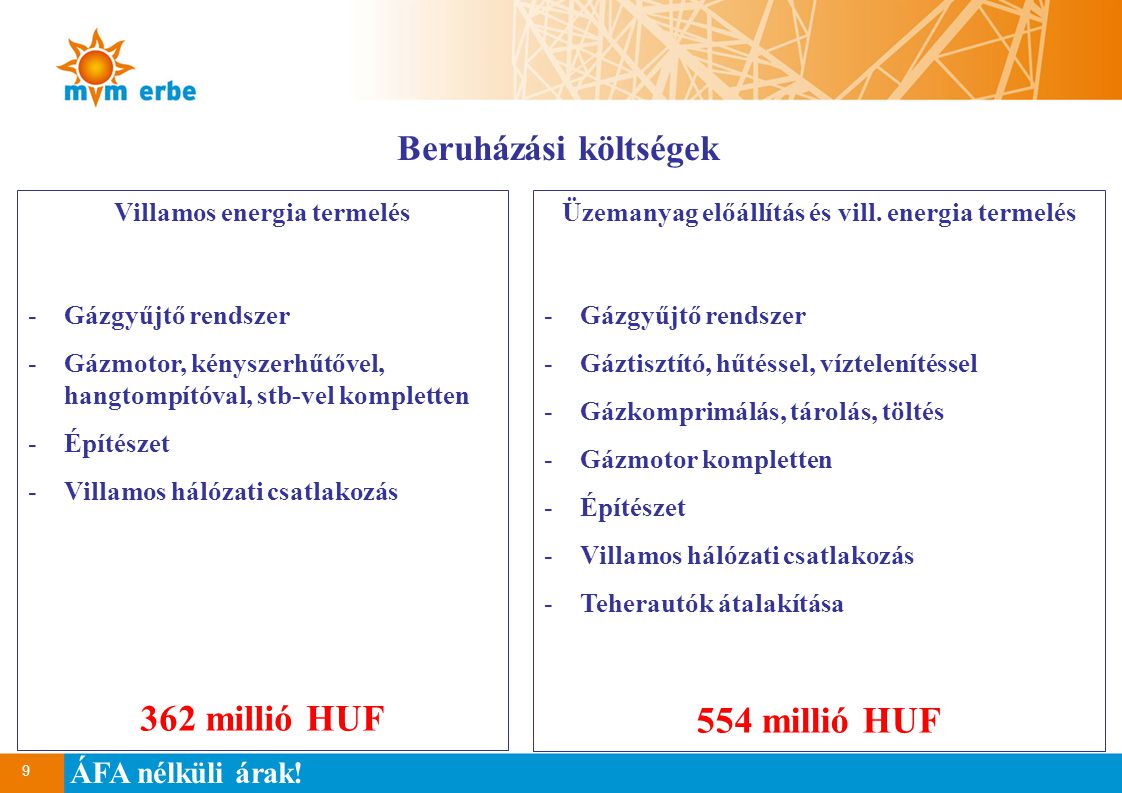 362 millió HUF 554 millió HUF Beruházási költségek ÁFA nélküli árak!