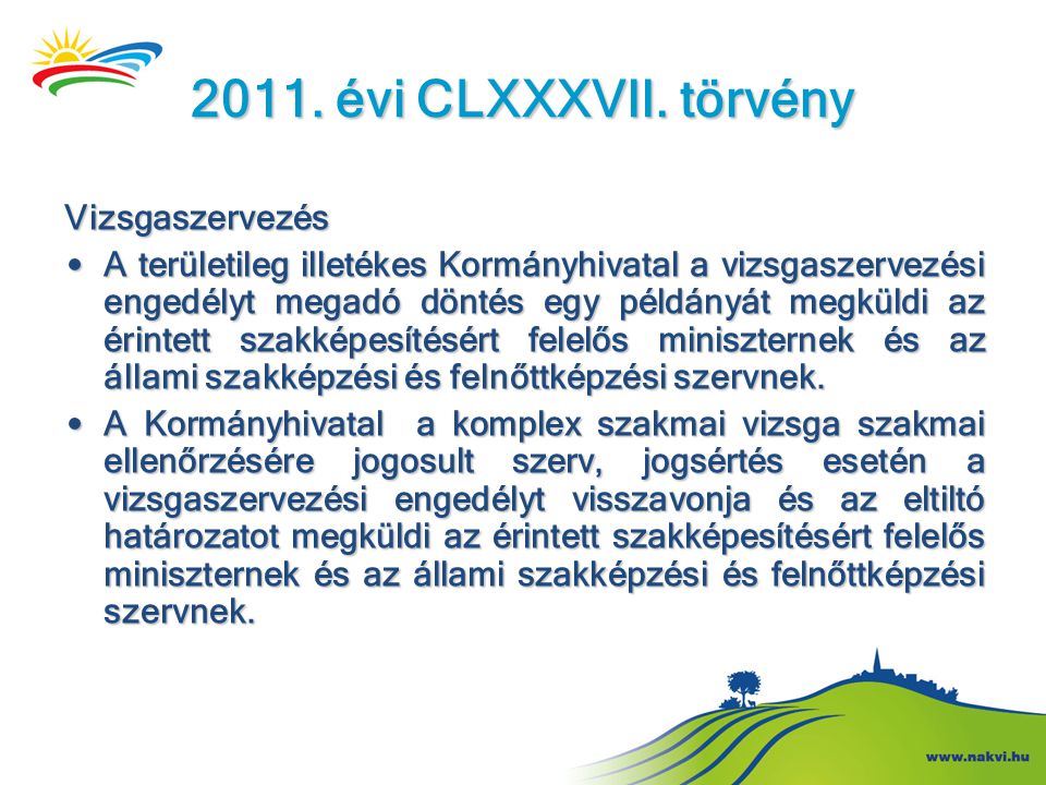 2011. évi CLXXXVII. törvény Vizsgaszervezés