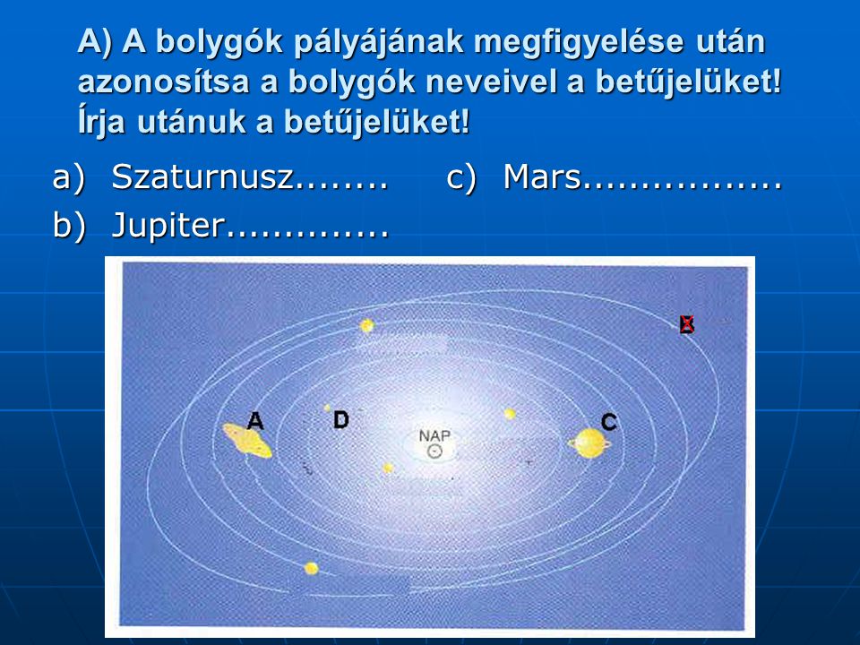 A) A bolygók pályájának megfigyelése után azonosítsa a bolygók neveivel a betűjelüket! Írja utánuk a betűjelüket!