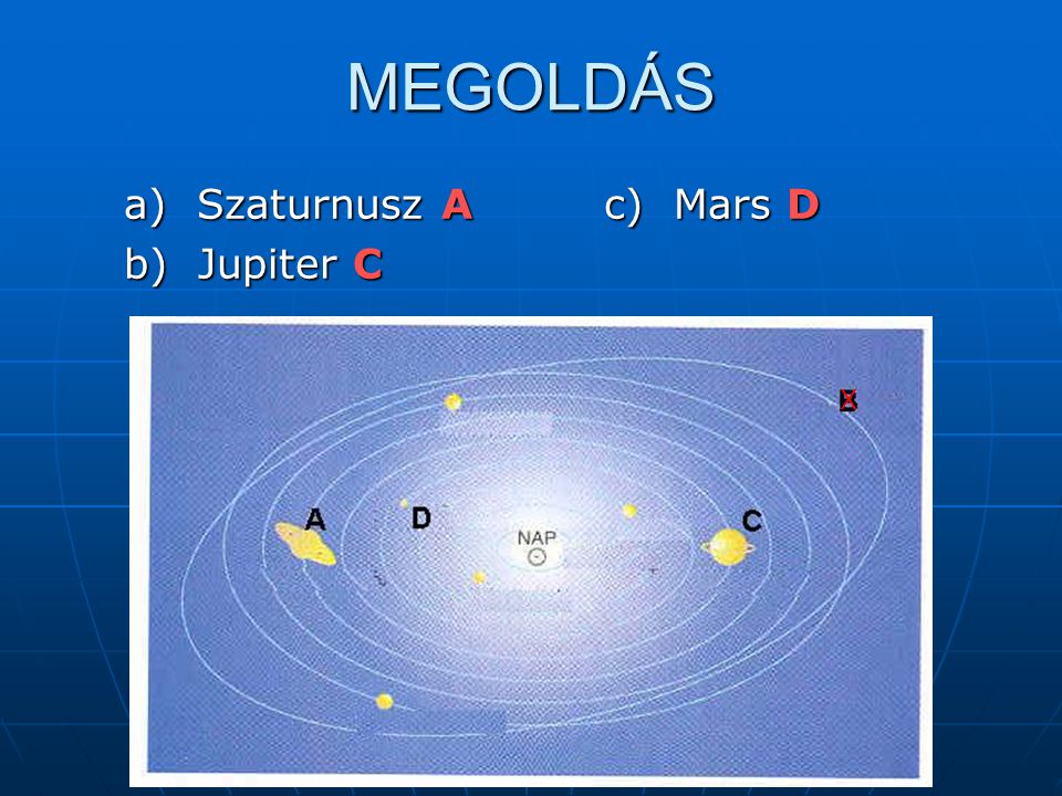MEGOLDÁS a) Szaturnusz A b) Jupiter C c) Mars D X