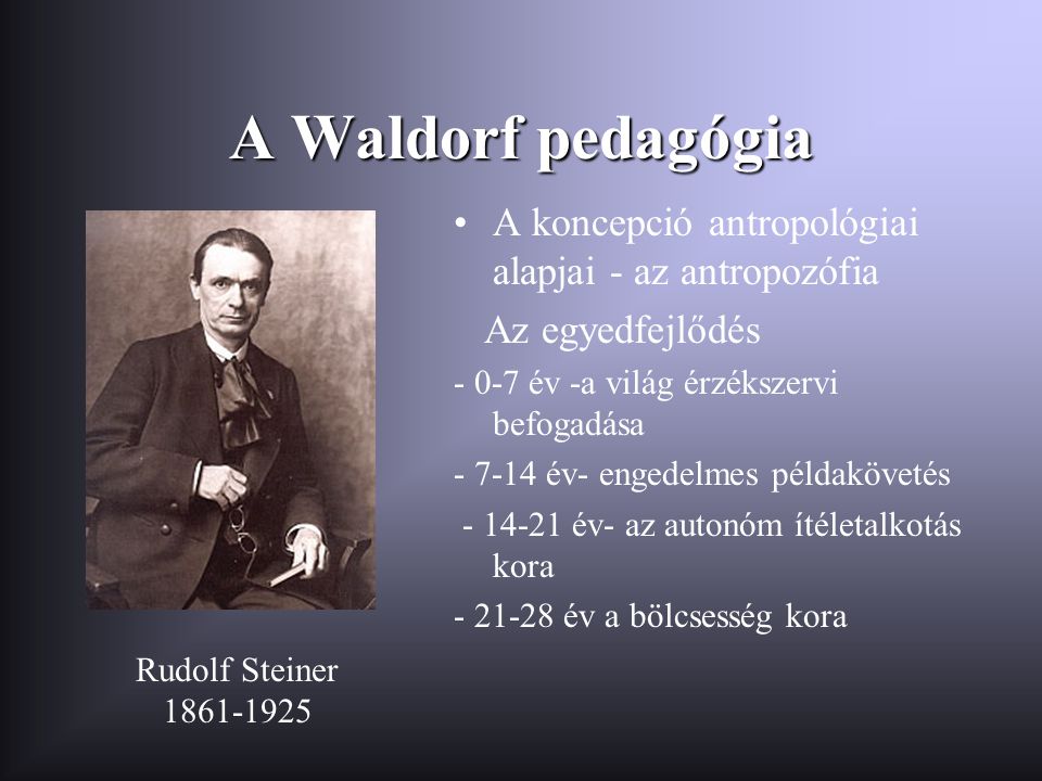 A Waldorf pedagógia A koncepció antropológiai alapjai - az antropozófia. Az egyedfejlődés év -a világ érzékszervi befogadása.