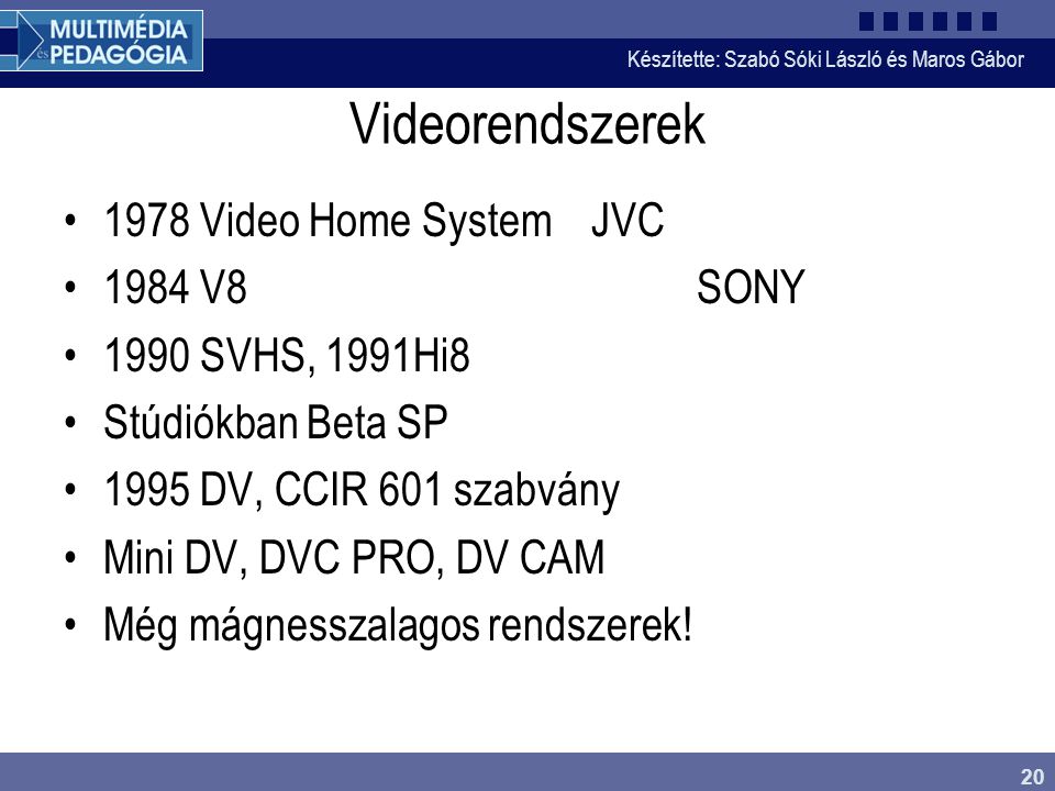Videorendszerek 1978 Video Home System JVC 1984 V8 SONY