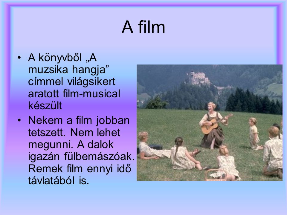 A film A könyvből „A muzsika hangja címmel világsikert aratott film-musical készült.