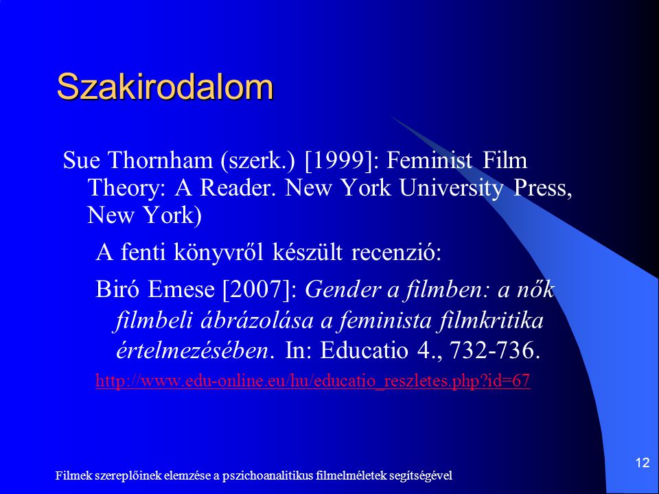 Szakirodalom Sue Thornham (szerk.) [1999]: Feminist Film Theory: A Reader. New York University Press, New York)