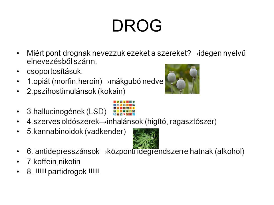 DROG Miért pont drognak nevezzük ezeket a szereket →idegen nyelvű elnevezésből szárm. csoportosításuk:
