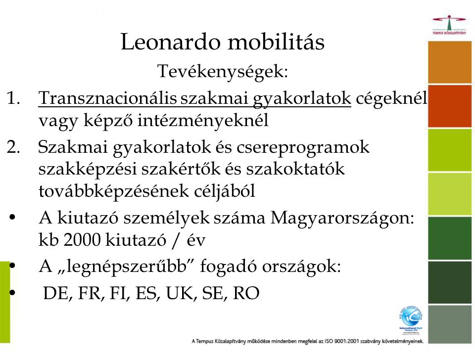 Leonardo mobilitás Tevékenységek: