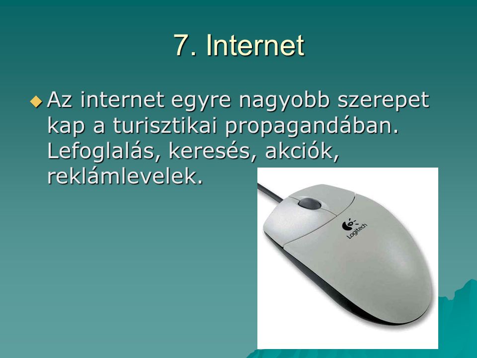 7. Internet Az internet egyre nagyobb szerepet kap a turisztikai propagandában.