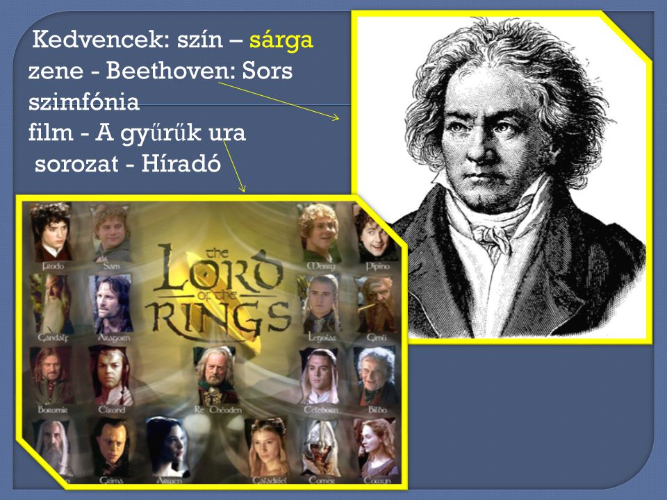 Kedvencek: szín – sárga zene - Beethoven: Sors szimfónia film - A gyűrűk ura sorozat - Híradó