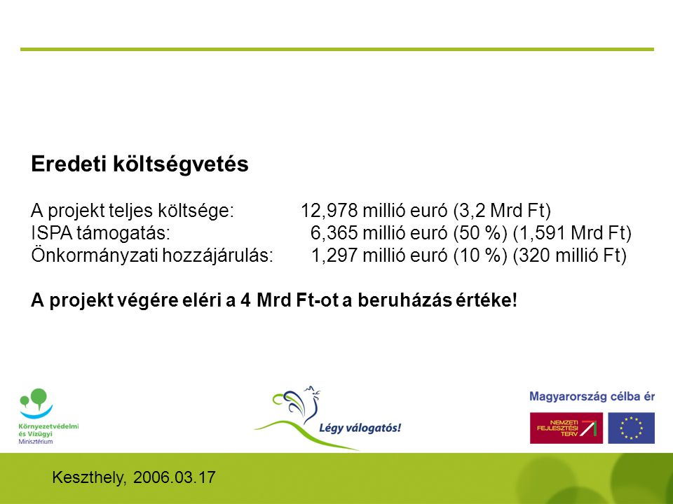Eredeti költségvetés A projekt teljes költsége: 12,978 millió euró (3,2 Mrd Ft) ISPA támogatás: 6,365 millió euró (50 %) (1,591 Mrd Ft)