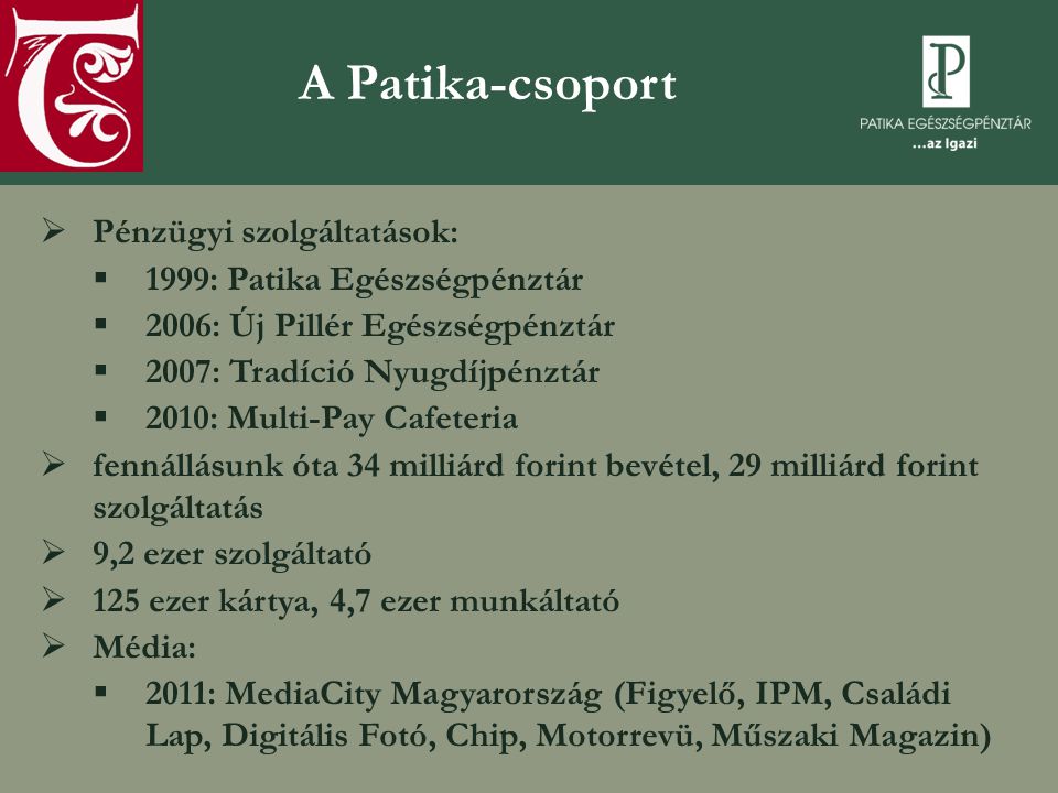 A Patika-csoport Pénzügyi szolgáltatások: 1999: Patika Egészségpénztár