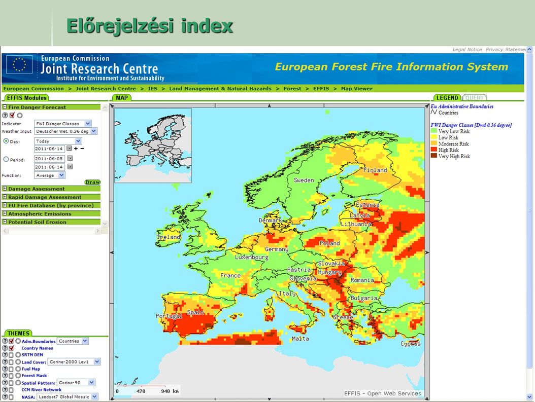 Előrejelzési index Az Európai Közösség által működtetett tudományos kutató központ által közzétett előrejelzési térkép.